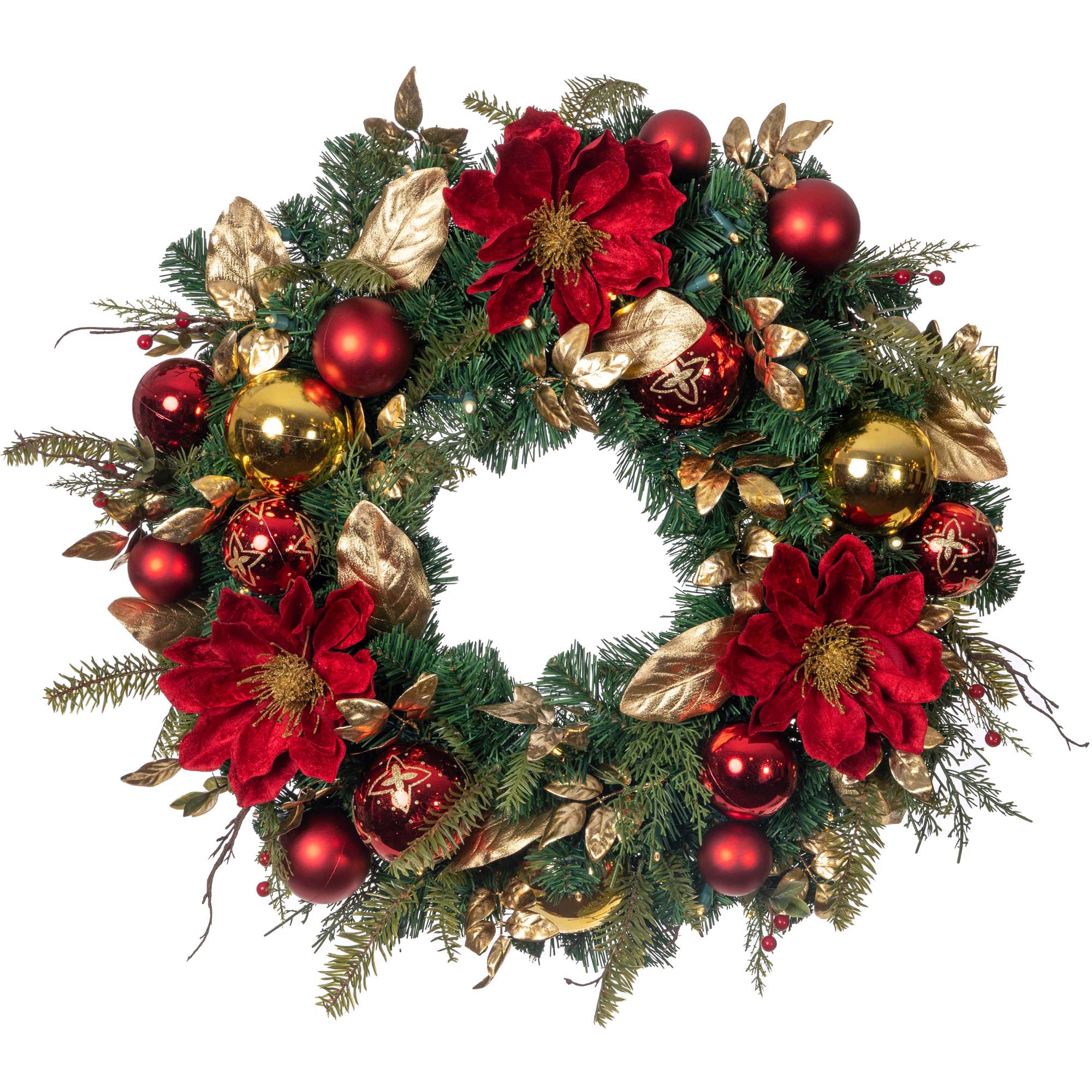 Golden Leaf Red Magnolia Lighted Christmas Wreath - Christmas World