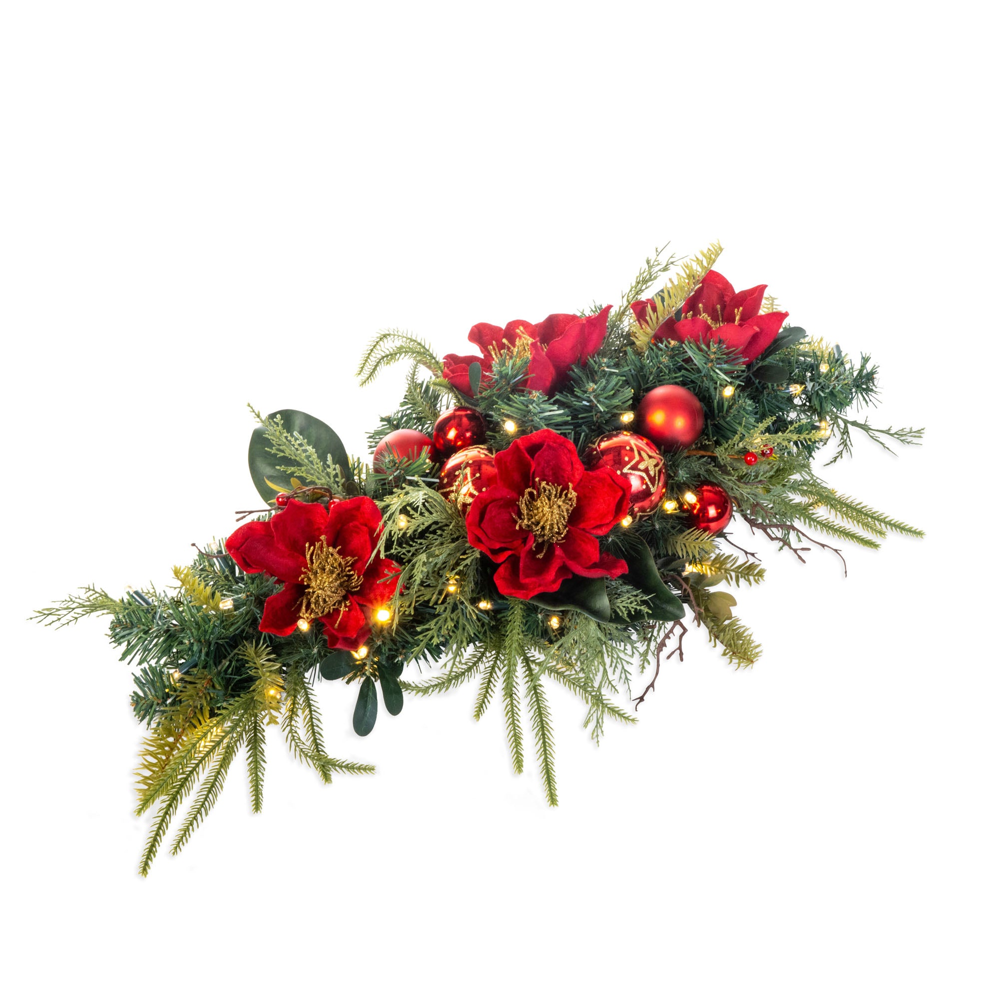 Golden Leaf Red Magnolia Table Top Centerpiece Swag - Christmas World