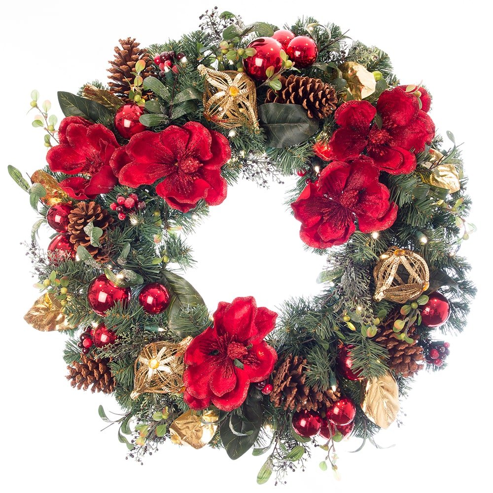 Red Magnolia Decorated Wreath - Christmas World