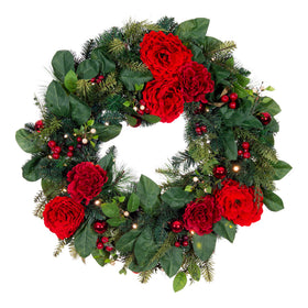 Red Peony & Berries Wreath (30-Inch) | Christmas World