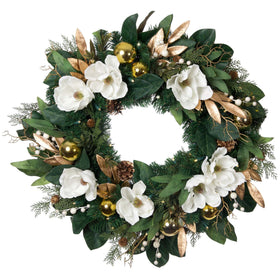 White Gold Magnolia Lighted Christmas Wreath | Christmas World