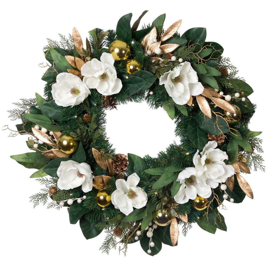 White Gold Magnolia Lighted Christmas Wreath - 30