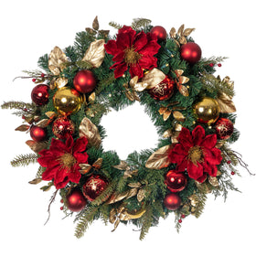 Golden Leaf Red Magnolia Lighted Christmas Wreath | Christmas World