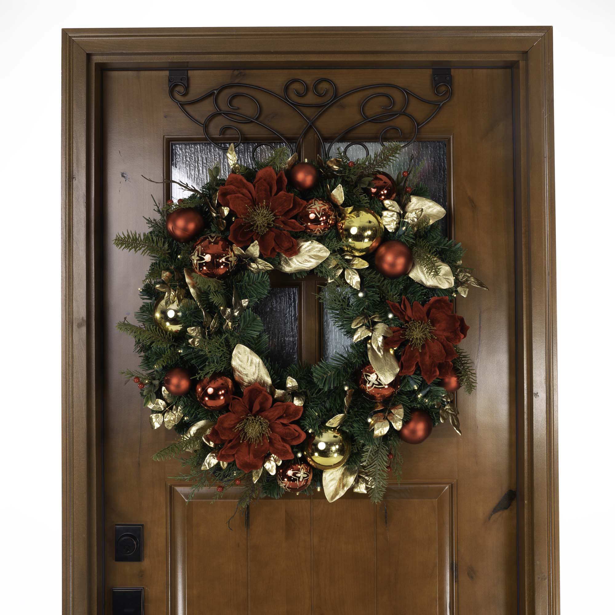 Golden Leaf Red Magnolia Lighted Christmas Wreath - Christmas World