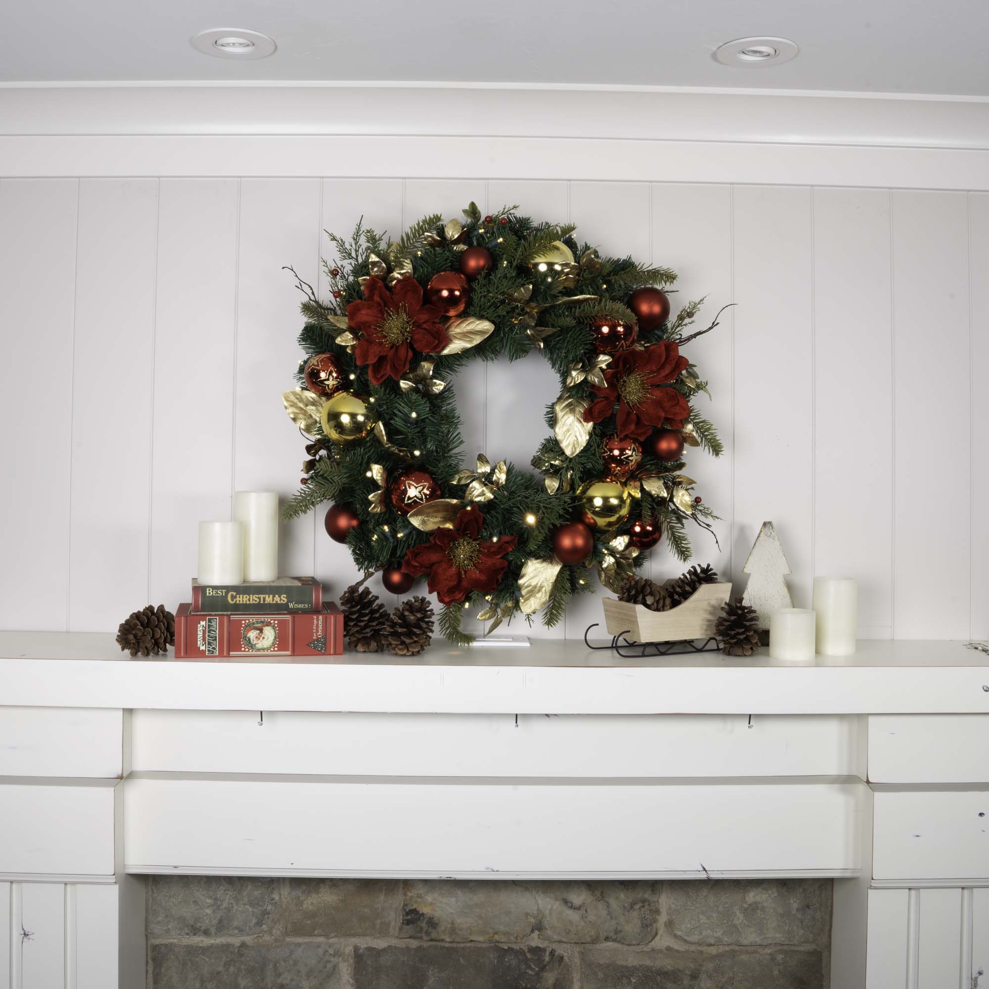 Golden Leaf Red Magnolia Lighted Christmas Wreath - Christmas World