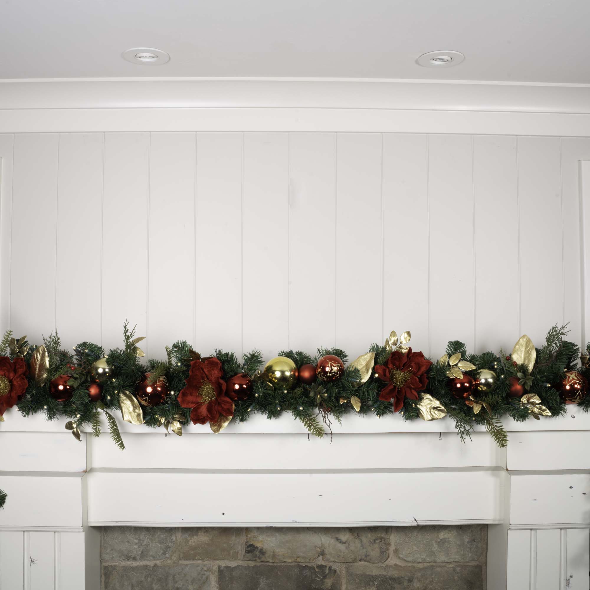 Golden Leaf Red Magnolia Christmas Garland - Christmas World