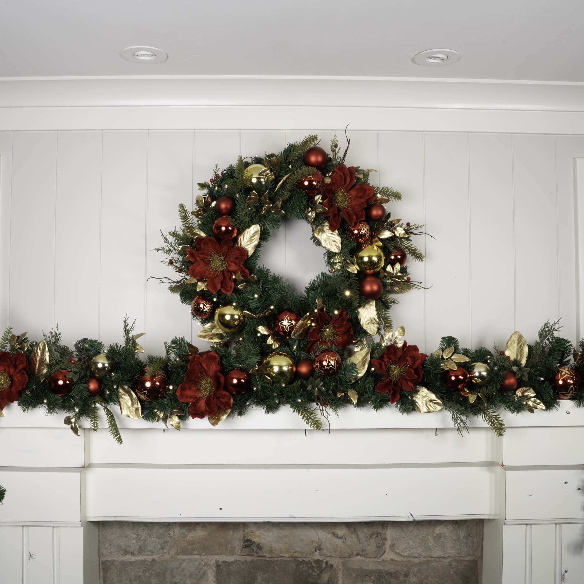 Golden Leaf Red Magnolia Christmas Garland - Christmas World