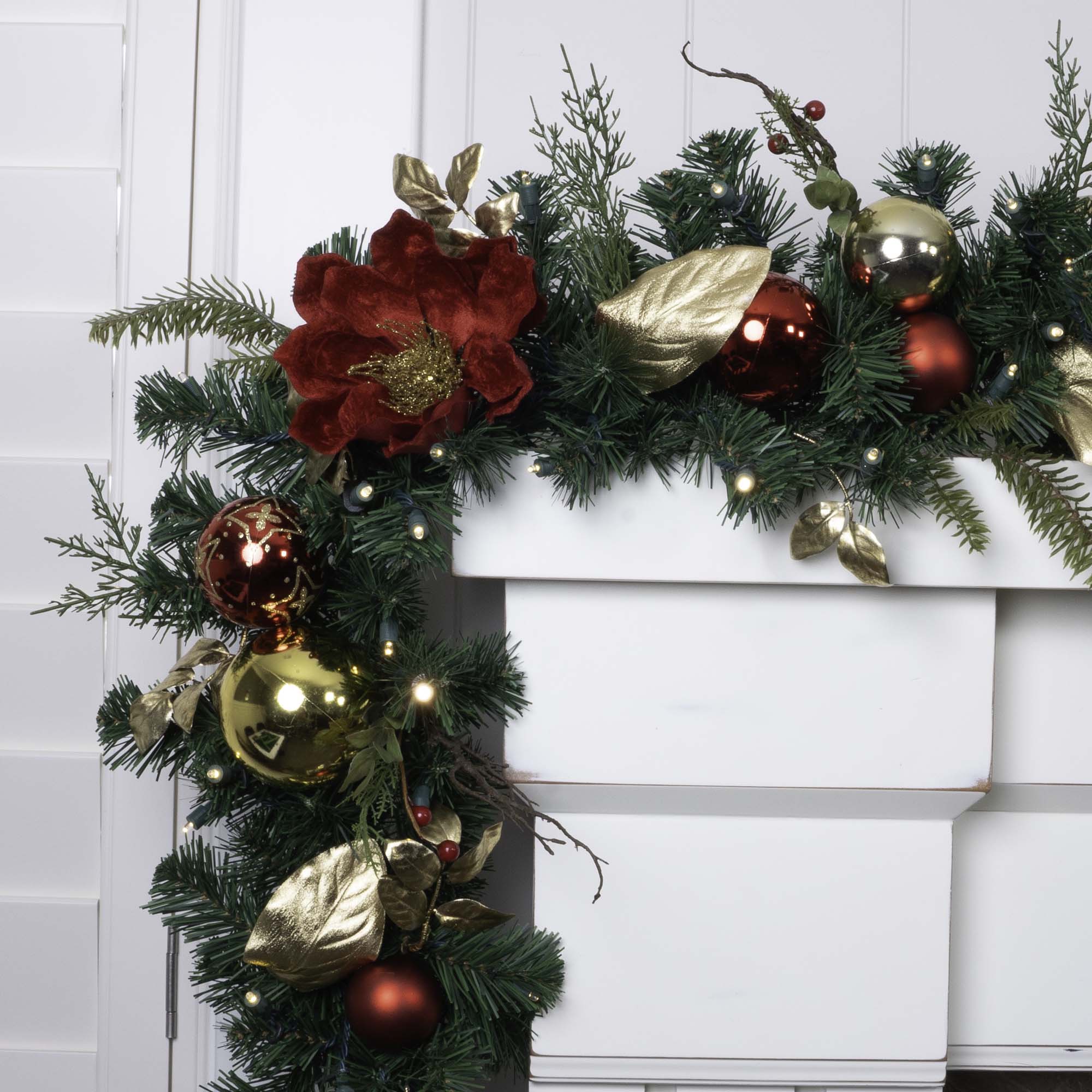 Golden Leaf Red Magnolia Christmas Garland - Christmas World