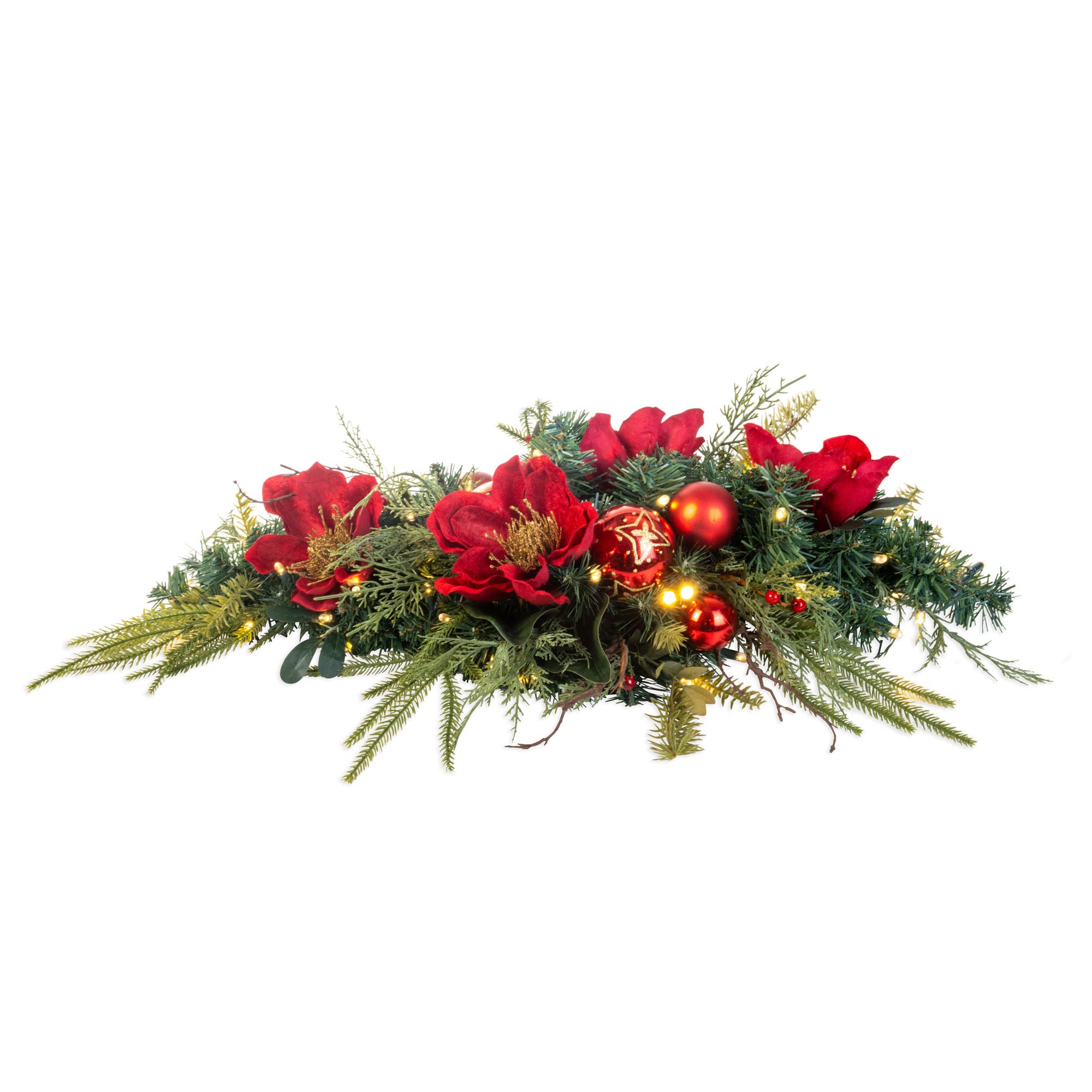 Golden Leaf Red Magnolia Table Top Centerpiece Swag - Christmas World
