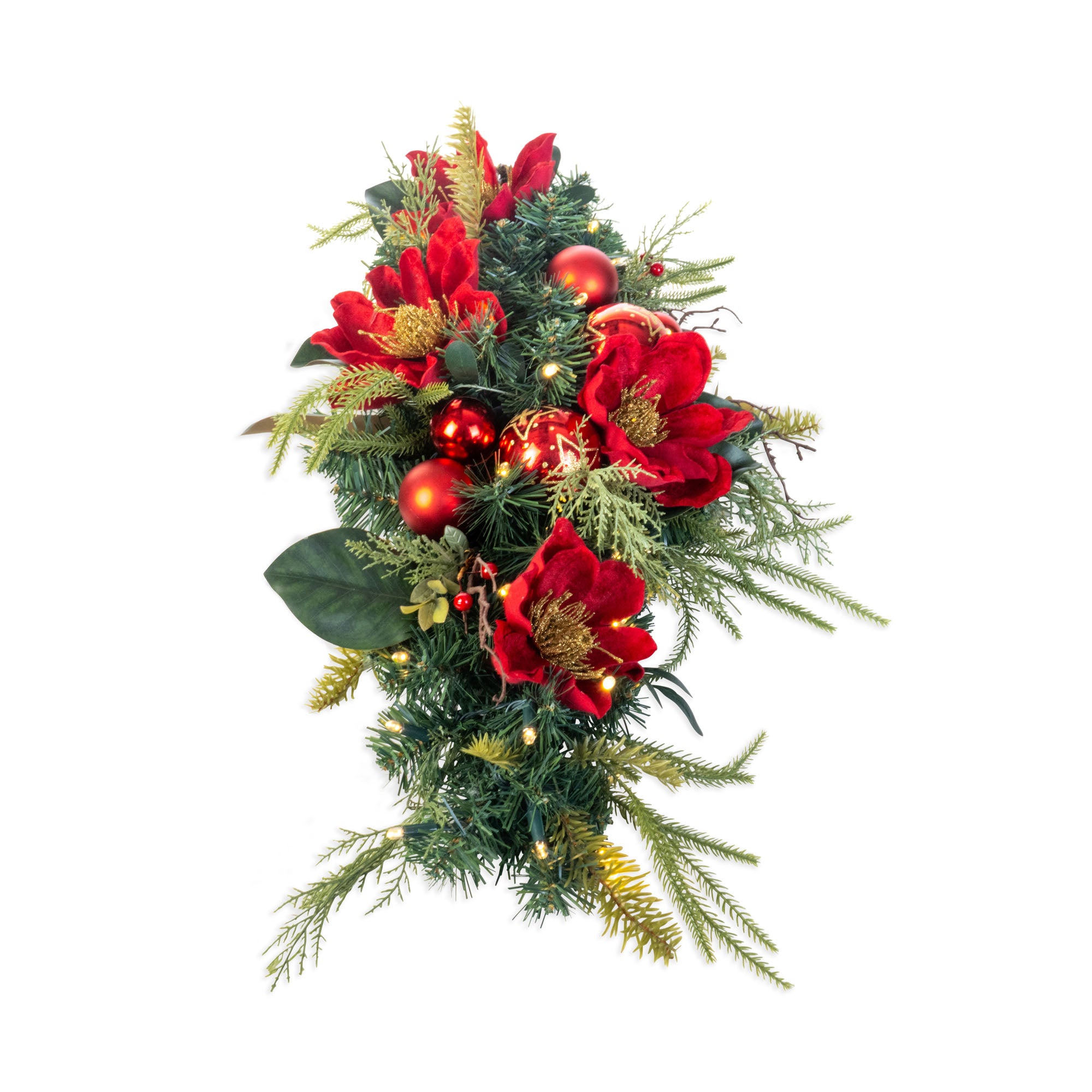 Golden Leaf Red Magnolia Table Top Centerpiece Swag - Christmas World