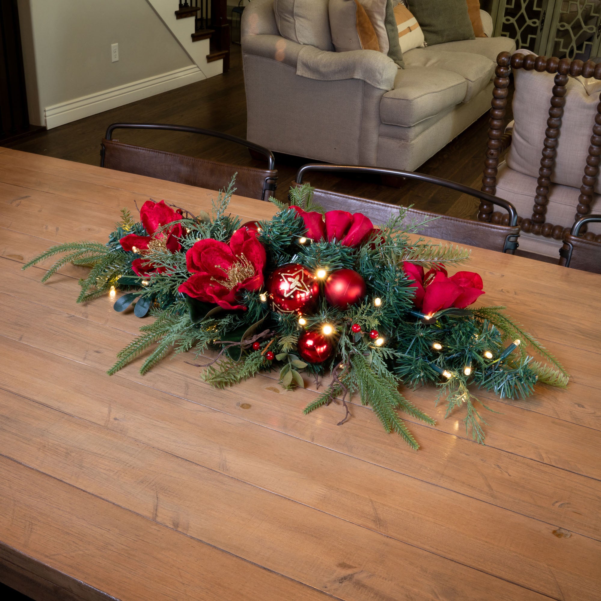 Golden Leaf Red Magnolia Table Top Centerpiece Swag - Christmas World