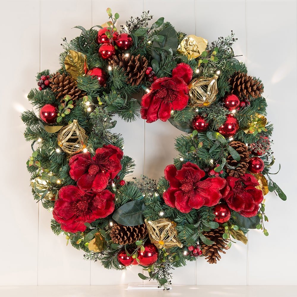 Red Magnolia Decorated Wreath - Christmas World