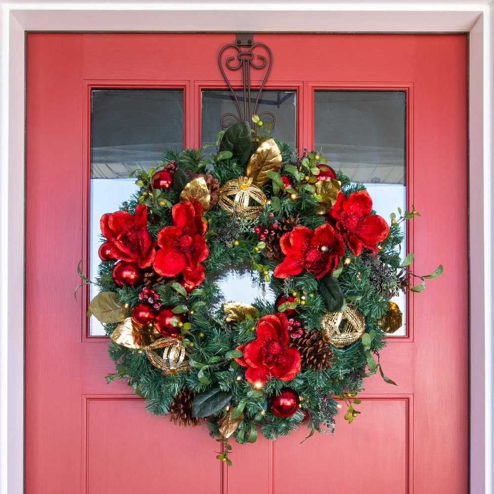 Red Magnolia Decorated Wreath - Christmas World
