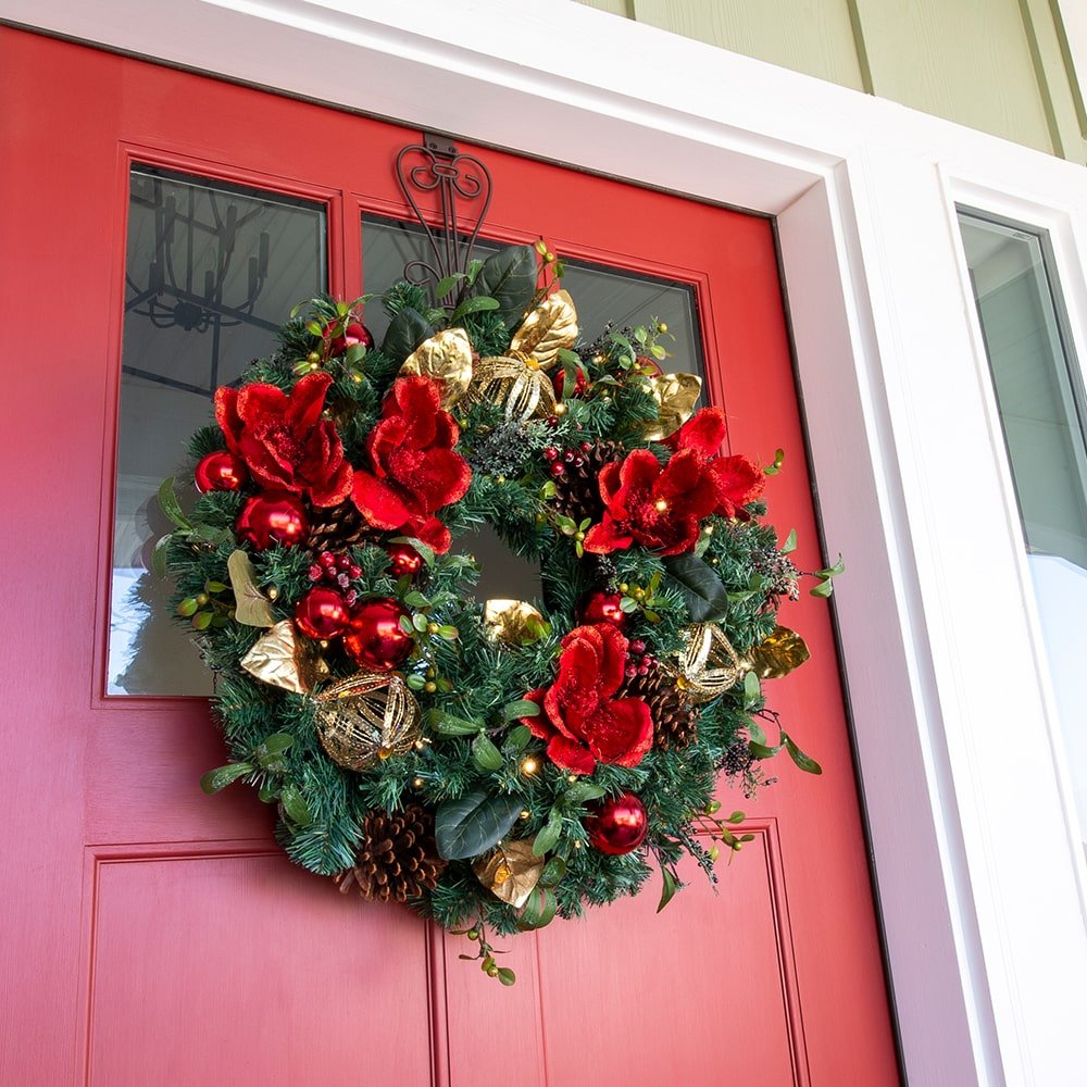 Red Magnolia Decorated Wreath - Christmas World