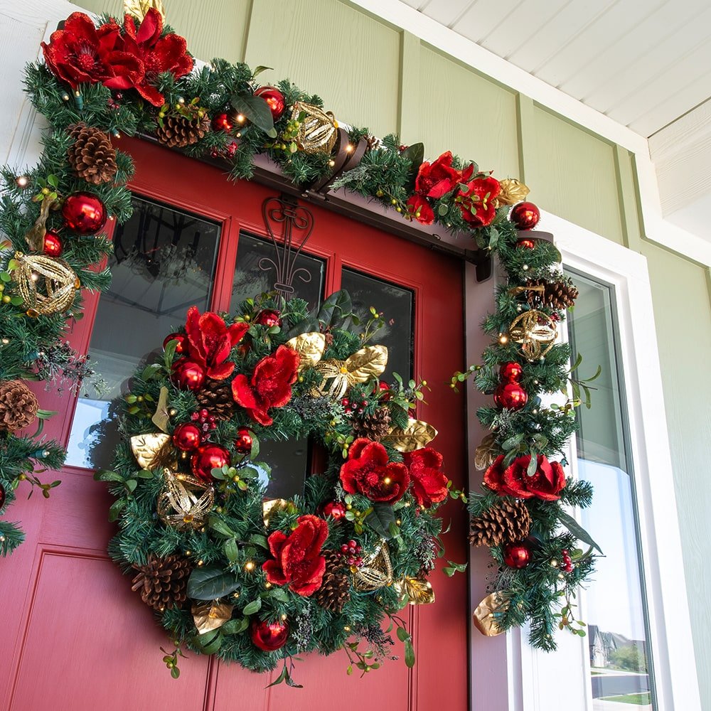 Red Magnolia Decorated Wreath - Christmas World