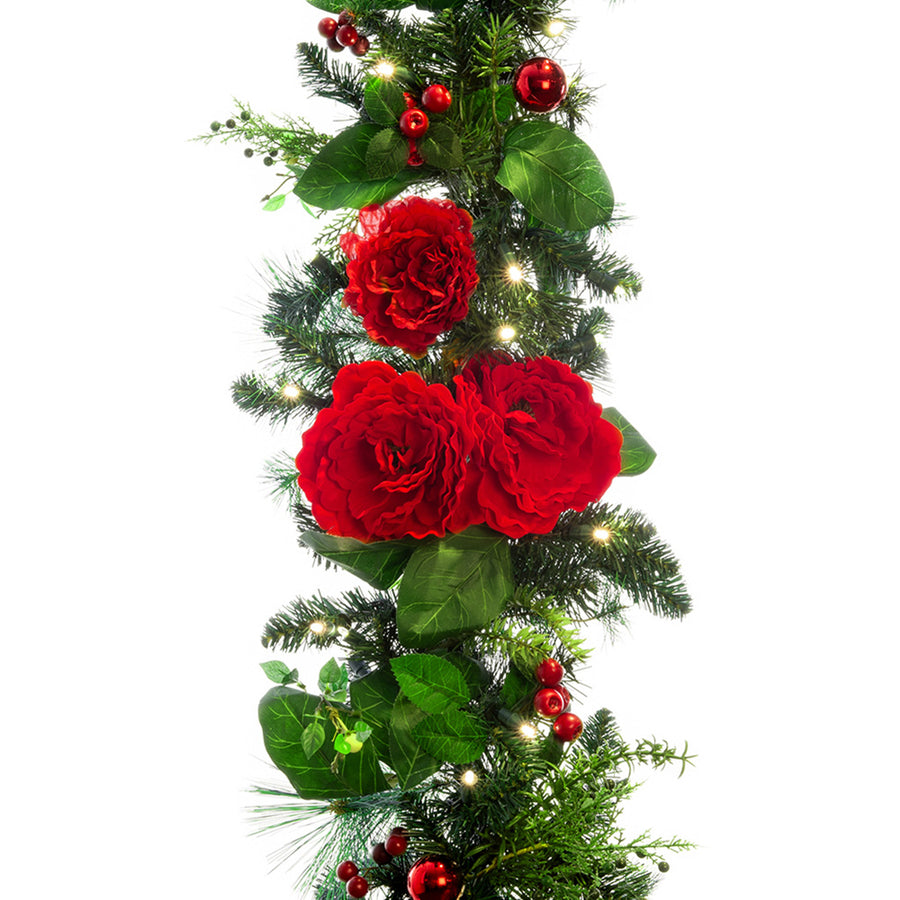 Red Peony & Berries Garland (9-Foot) | Christmas World
